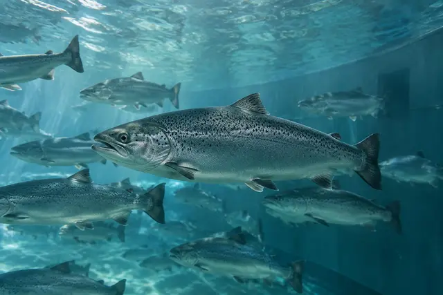 Atlantic salmon swimming in clear blue water inside a large aquaculture tank