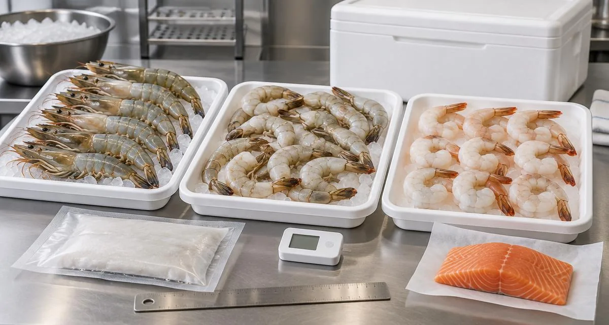Editorial arrangement of head-on, headless shell-on and peeled tail-on shrimp beside a salmon fillet, insulated box and temperature logger