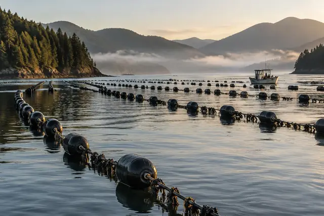 Mussel-farm buoys and longlines on a calm sea inlet at dawn, with forested hills and a small work boat