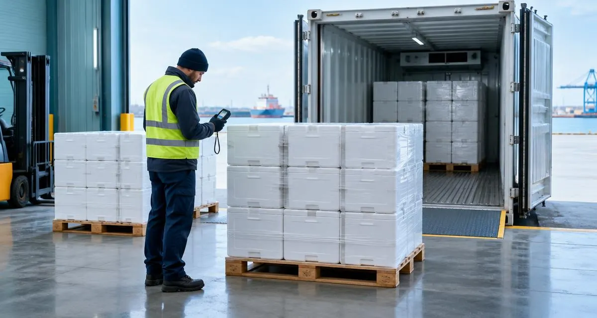 Worker checking a handheld logger beside insulated cartons at a refrigerated container loading dock; illustrative image