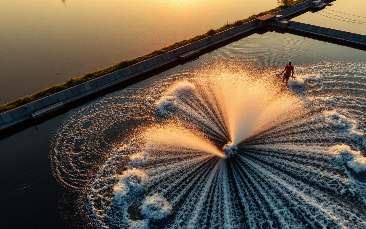 Paddlewheel aeration in production ponds at the Freshwater Trout Raceway Farm