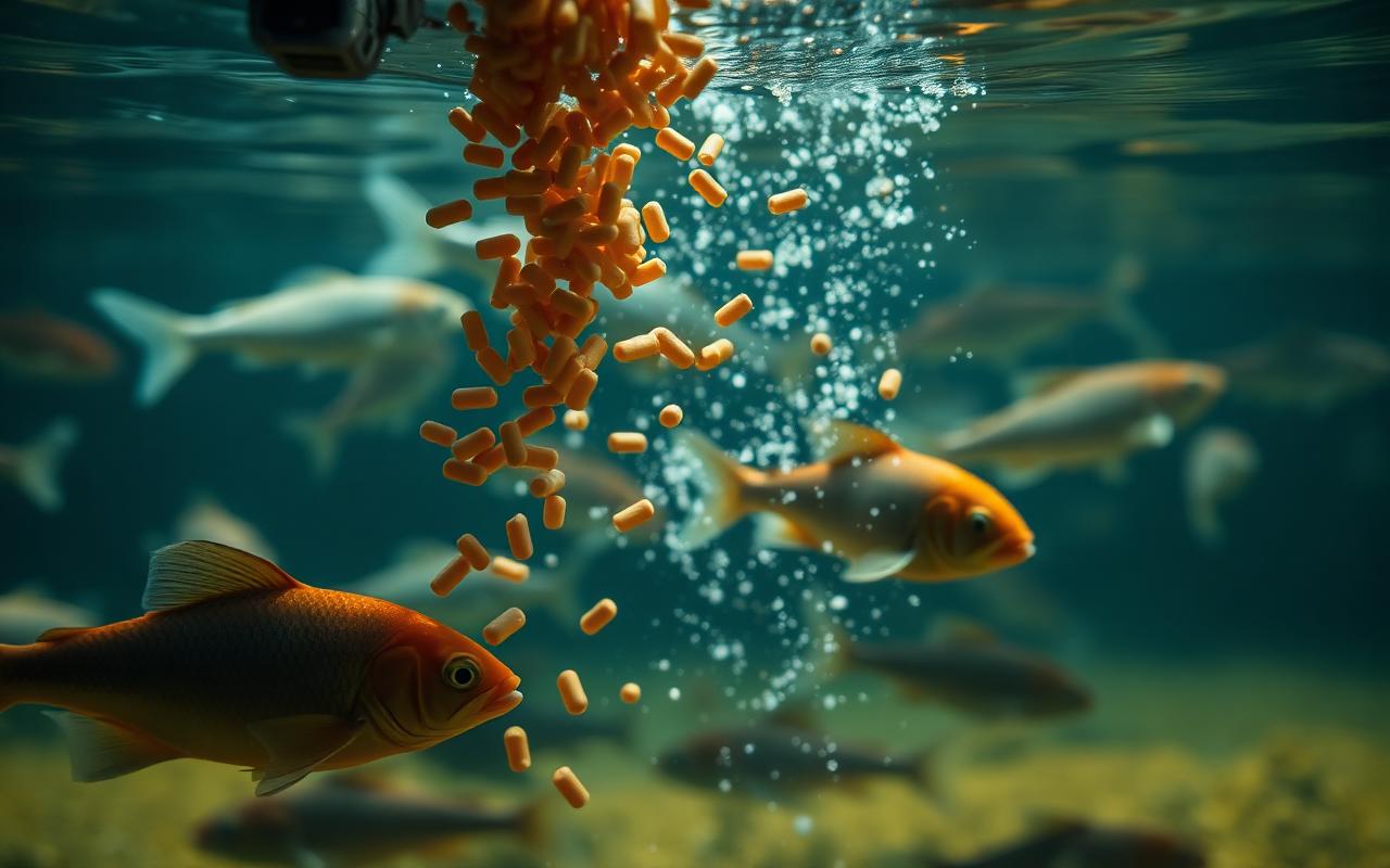 Automated salmon feed barge with silos, blowers and centralised control connected to an 18-cage marine salmon cluster in Chile