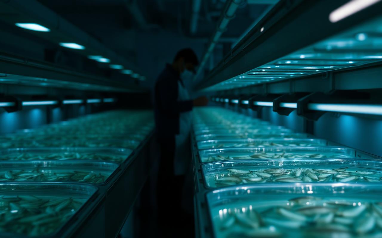 Marine finfish hatchery larval rearing hall with tanks, live-feed lines and UV/ozone water treatment supplying 25M fingerlings per year to MENA grow-out farms
