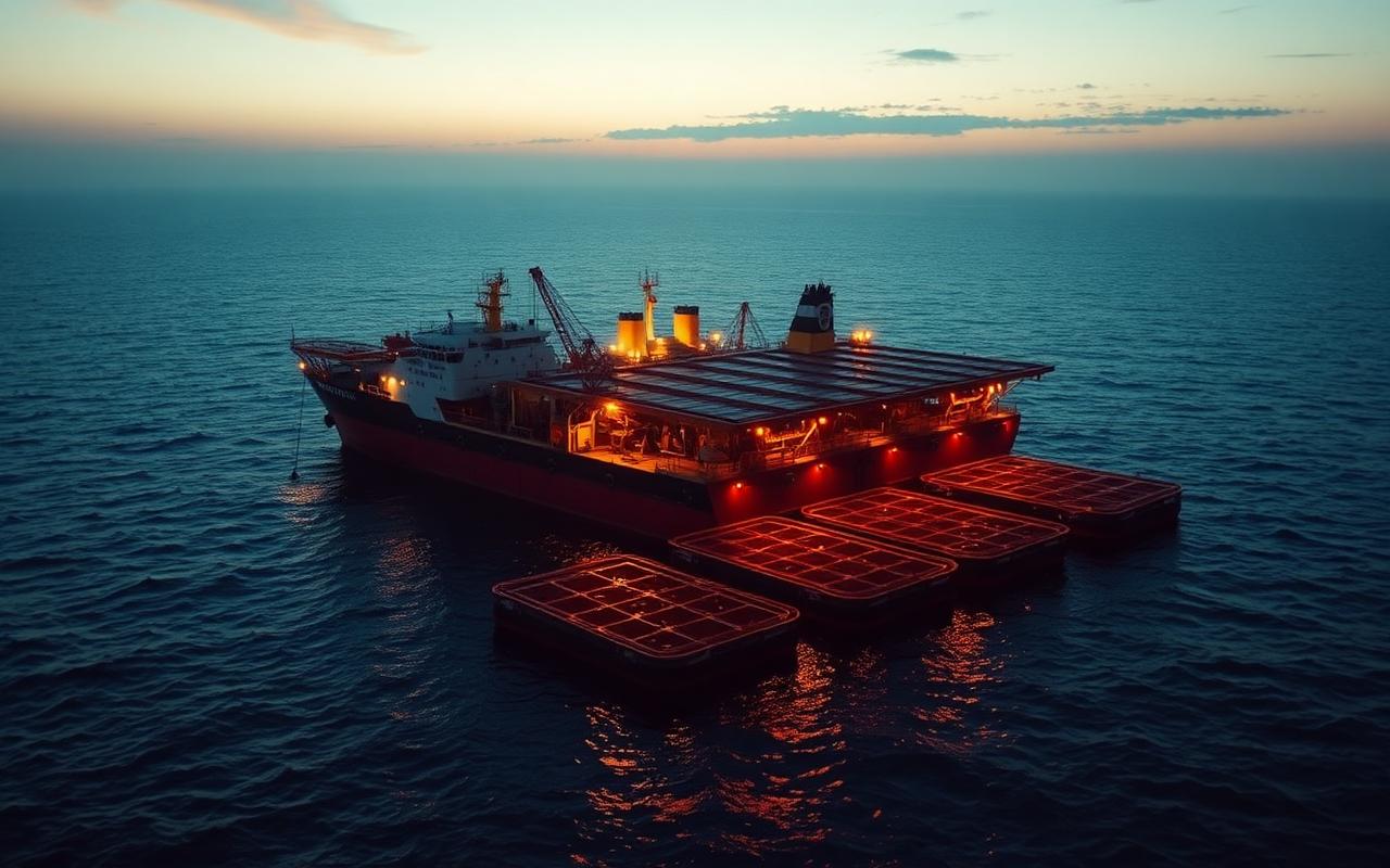 Offshore circular HDPE sea cage cluster with automated feed barge and mooring grid designed for a 6,500 t/yr exposed Mediterranean fish farm