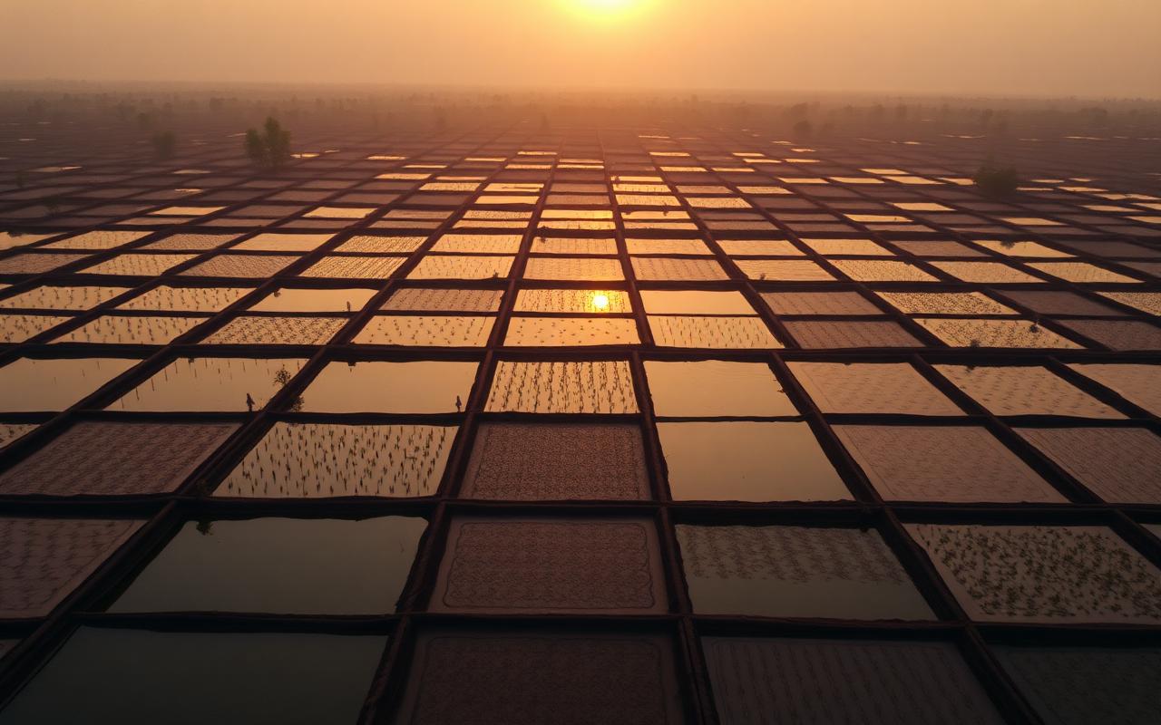 Aerial view of an earthen tilapia pond complex with paddlewheel aerators, feed logistics and on-site processing for a 4,000 t/yr national supply farm in Sub-Saharan Africa