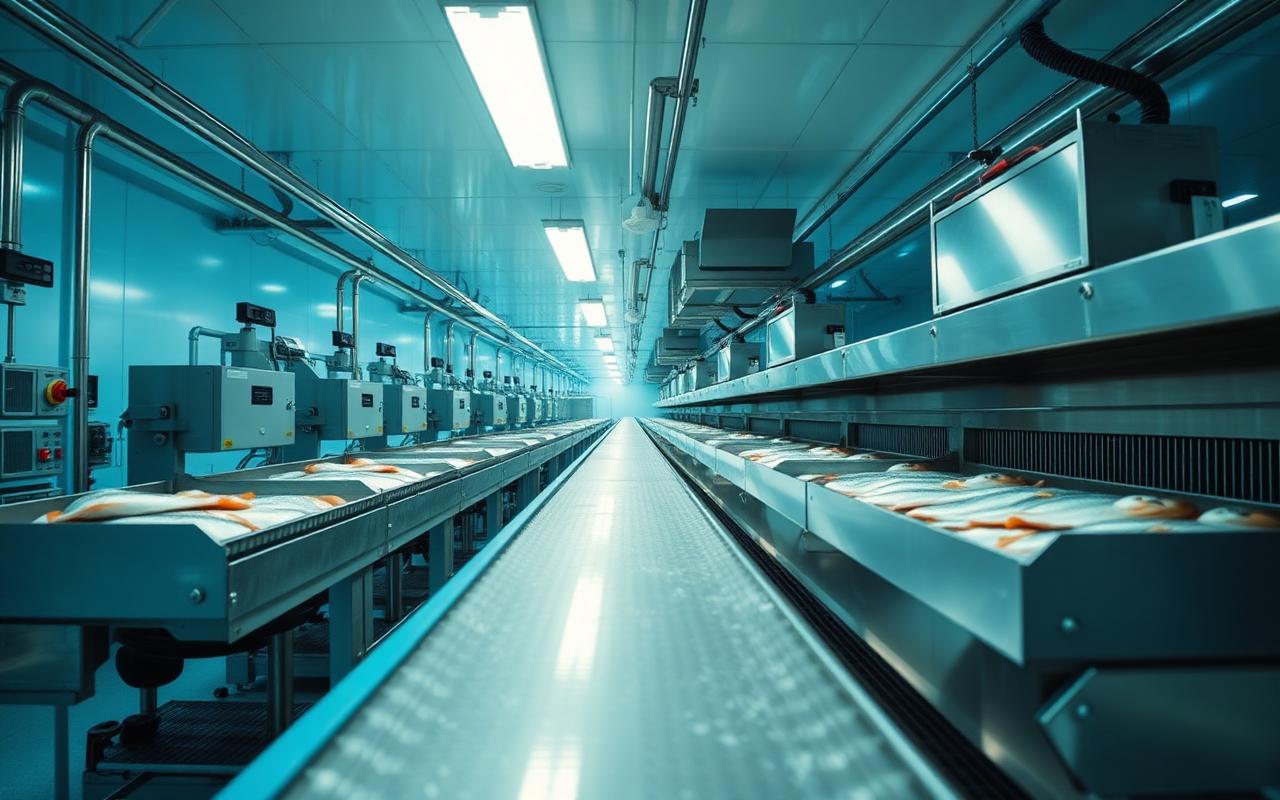 Stainless-steel IQF seafood processing and packing line with cold storage and reefer dock for a 12,000 t/yr EU-grade export plant in Southeast Asia