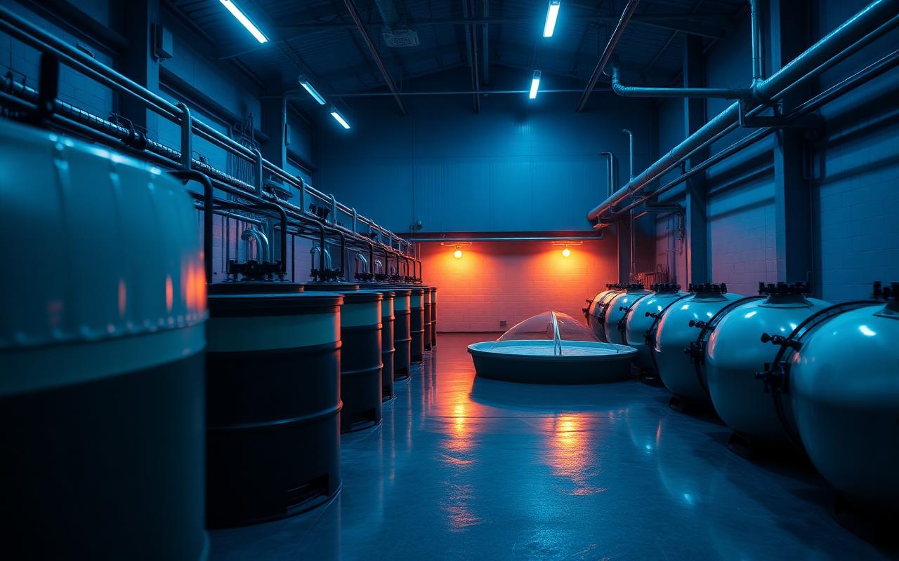 Indoor recirculating aquaculture system (RAS) grow-out hall with tanks and biofiltration lines for a 3,200 t/yr Atlantic salmon facility in Northern Europe
