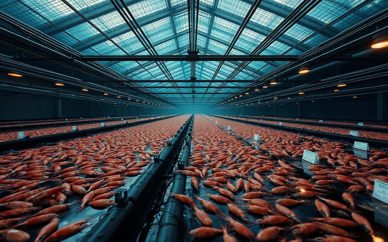 Lined HDPE biofloc vannamei shrimp farm ponds with paddlewheel aeration serving a 1,800 t/yr high-density production complex in Latin America