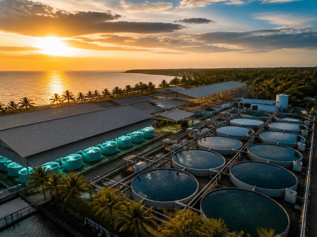 Advanced shrimp hatchery larval rearing tanks and controlled nursery raceways supplying 120M vannamei post-larvae per year to Southeast Asian farms