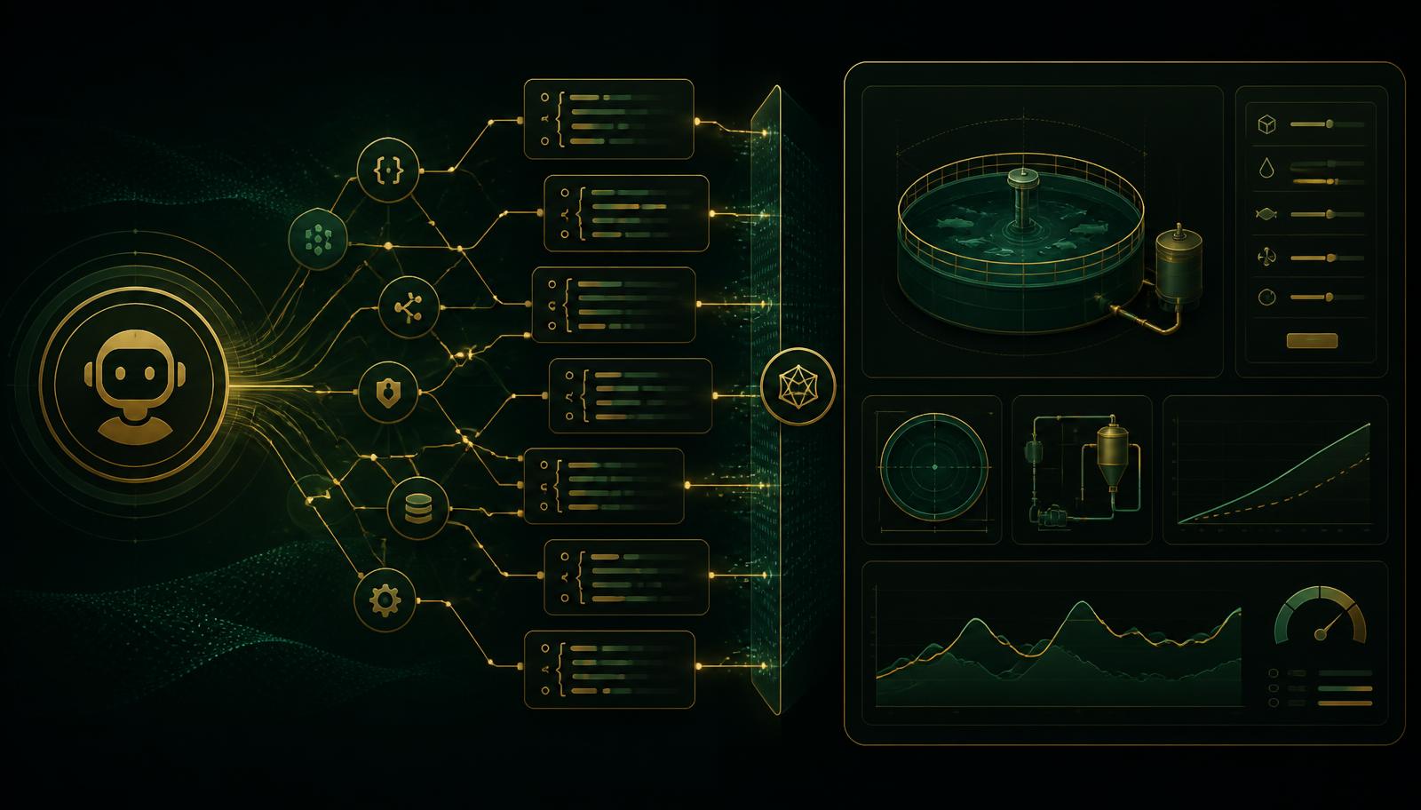 Diagram-style illustration of an AI assistant calling structured aquaculture tools that return calculator results and cost benchmarks