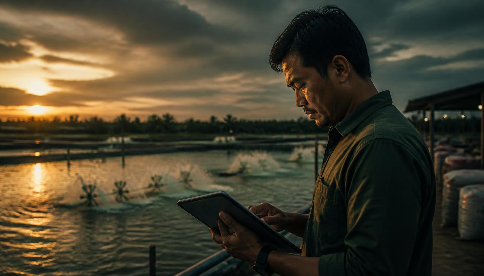 Aquaculture farm manager comparing confidential supplier quotes on a tablet beside shrimp ponds at dusk