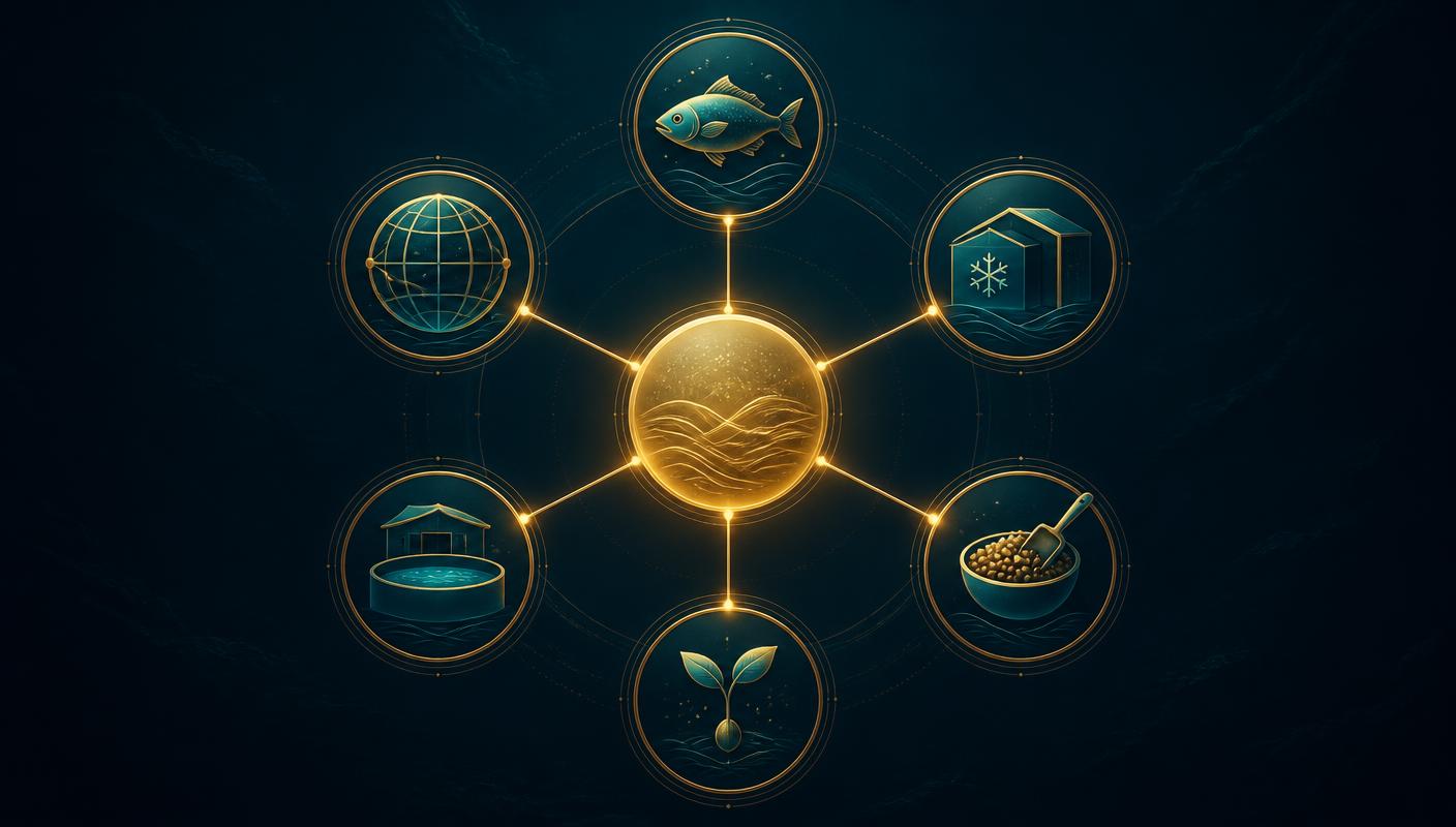 Hub-and-spoke diagram of the Global B2B Group ecosystem connecting FishMatchGroup with cold chain, feed, seed and hatchery platforms