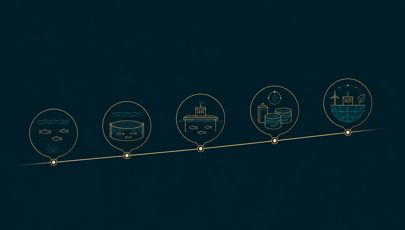 Diagram showing the five-stage evolution of commercial aquaculture from equipment purchasing to buyer-first project platforms