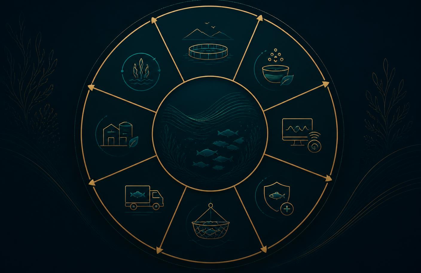 Circular diagram of the commercial aquaculture project lifecycle from strategy through operations and expansion