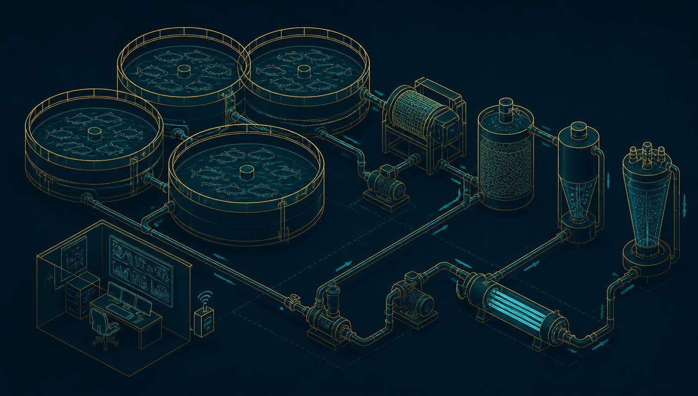 Isometric schematic of a recirculating aquaculture system showing tanks, drum filter, biofilter, degasser, oxygenation, UV disinfection and control room