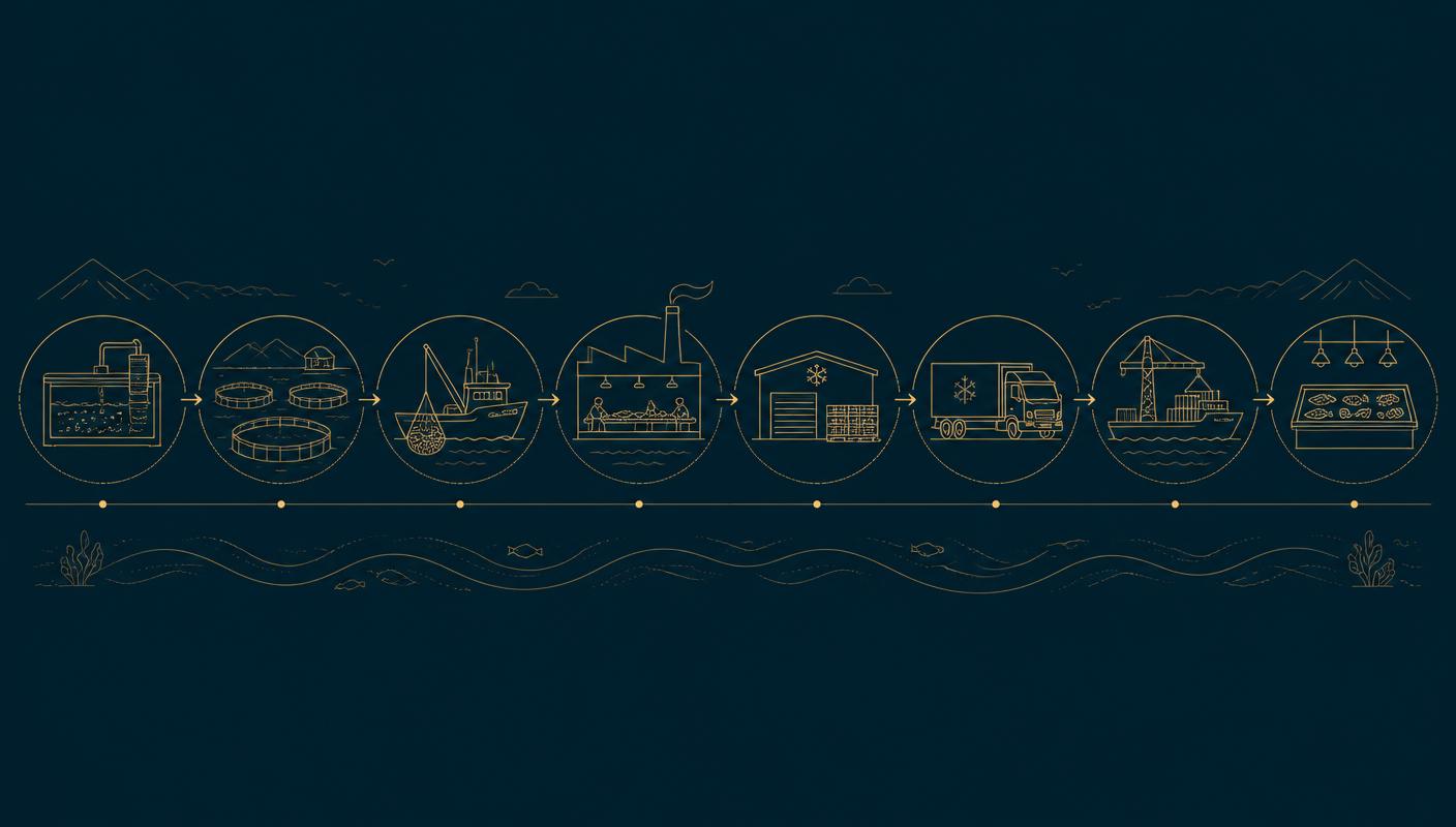 Horizontal diagram of the seafood value chain from hatchery and farm through processing, cold storage, transport, export and retail