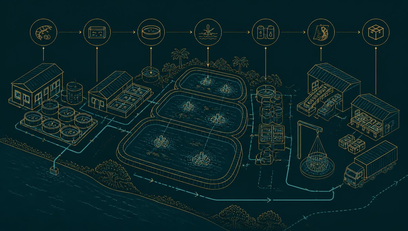 Isometric diagram of a shrimp farming ecosystem including hatchery, nursery, lined grow-out ponds, water treatment and packing