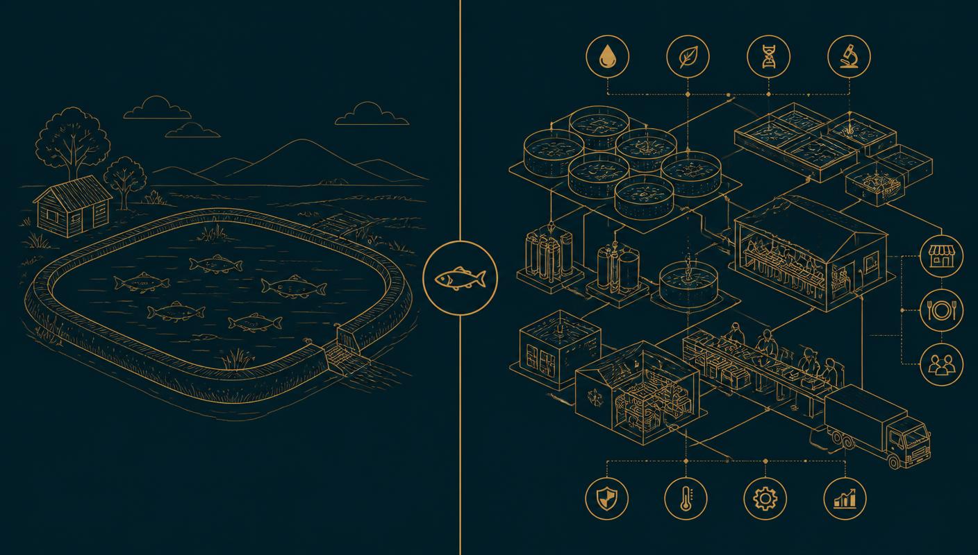 Side-by-side diagram comparing a traditional pond fish farm with an integrated commercial aquaculture project