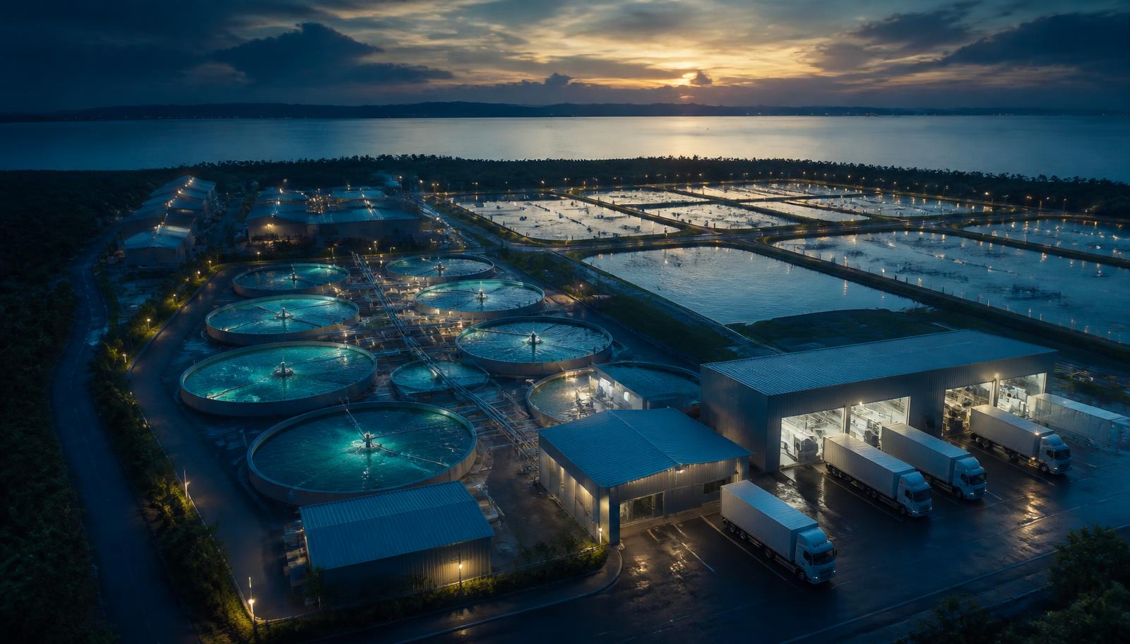 Aerial dusk view of an integrated commercial aquaculture facility with RAS tanks, shrimp ponds, a processing hall and refrigerated logistics