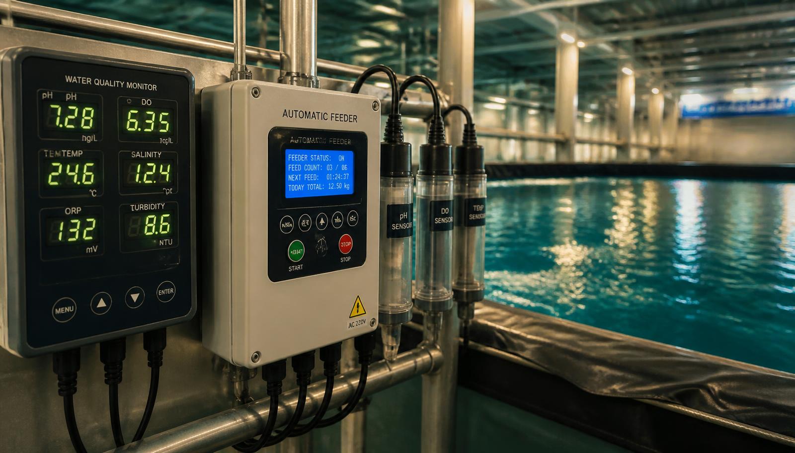 Water quality monitor and automatic feeder controller mounted beside a commercial fish tank, showing live pH, dissolved oxygen, temperature and salinity readings