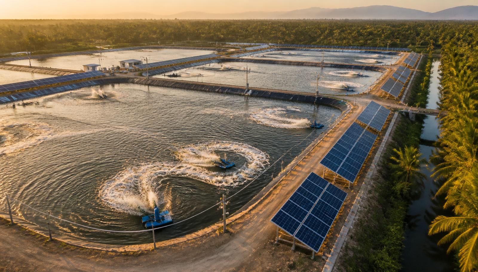 Aerial view of a modern lined shrimp farm with paddlewheel aerators and solar panels along the pond embankments