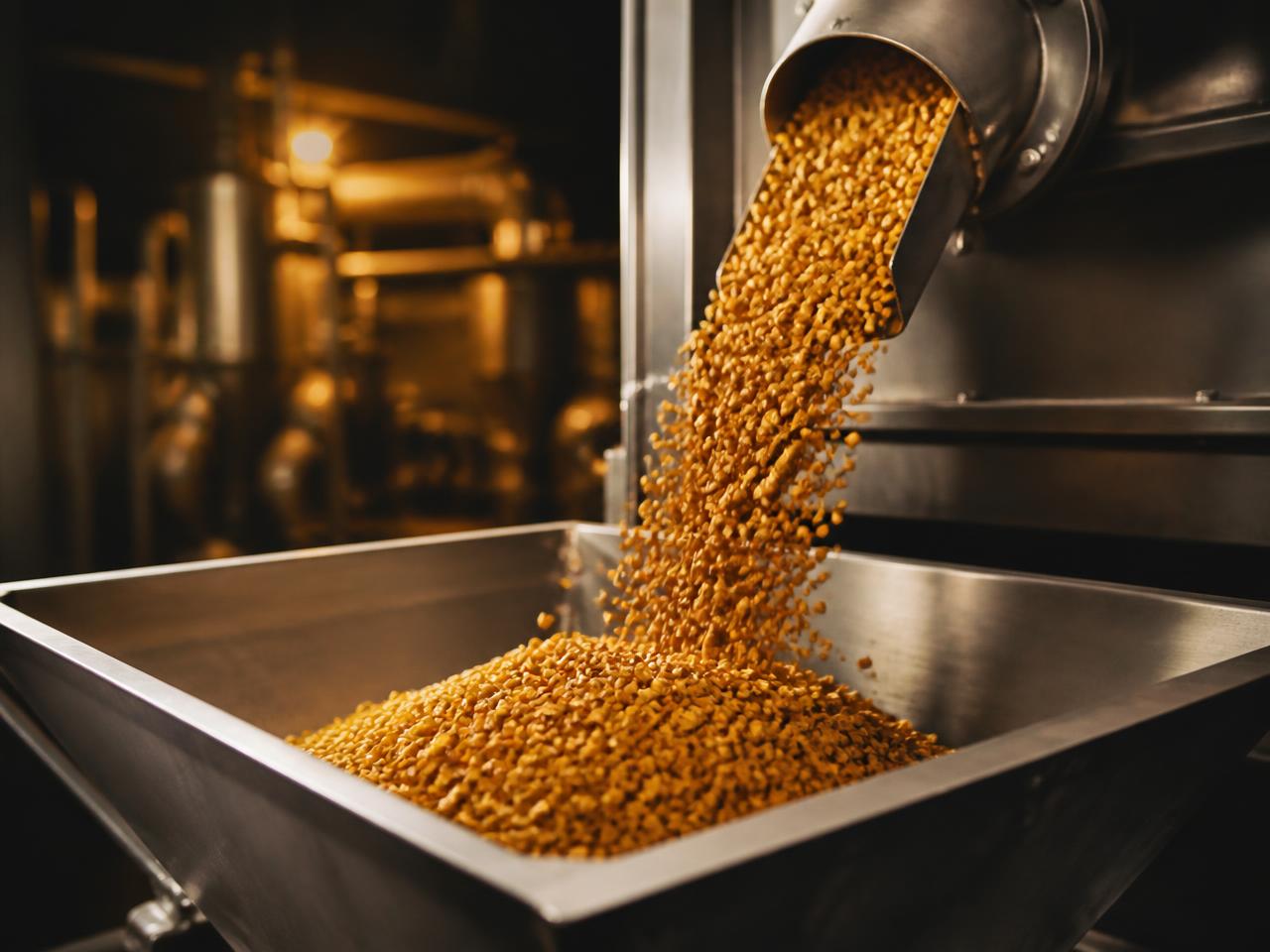 Industrial aquaculture feed mill extruding golden fish feed pellets into a stainless-steel hopper for commercial aquaculture feed production