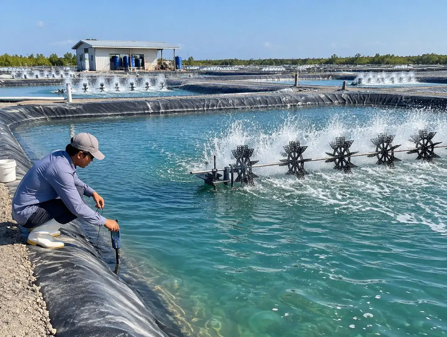 Commercial shrimp farming ponds with paddlewheel aerators.