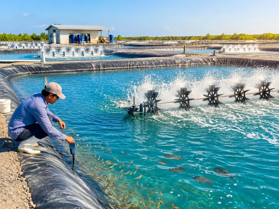 Shrimp farm ponds with aeration equipment