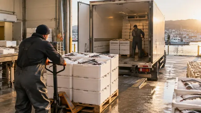 Insulated boxes of iced fish loaded into a refrigerated truck at a cold store