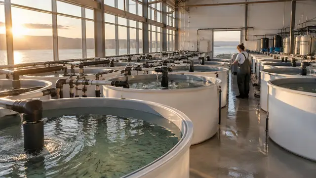 Daylit hatchery hall with rows of round larval rearing tanks
