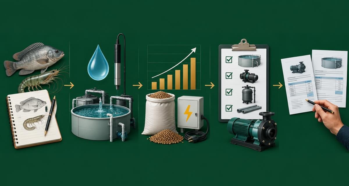 Five planning stages: define fish or shrimp production, measure water and utilities, test costs, write specifications, and compare proposals with a human reviewer