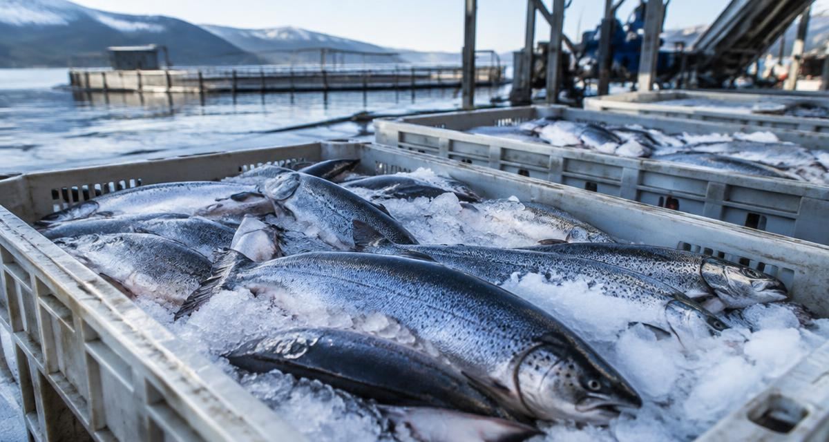 A high-capacity industrial fish processing and chilling line in a modern aquaculture facility.
