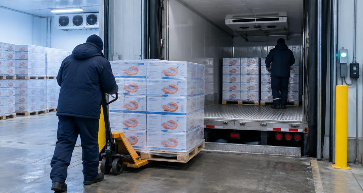 A large cold storage warehouse with organized racking systems for frozen seafood products.