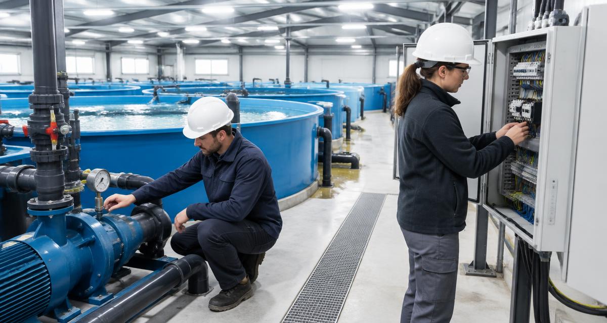 engineers testing pumps and control panel at a new fish farm