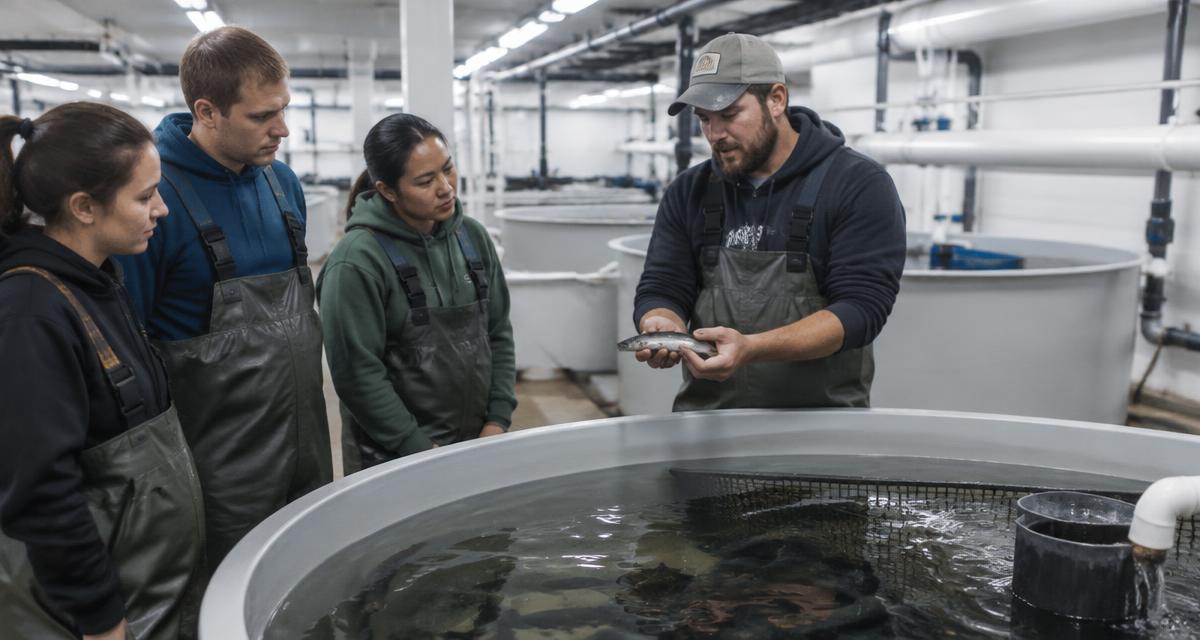 farm staff training beside fish tanks