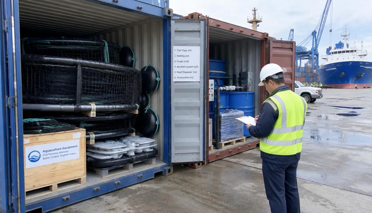 Inspector checking aquaculture equipment in shipping containers at a port