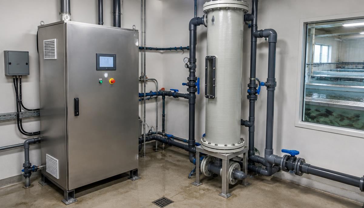 Ozone generator and contact column in a hatchery water treatment room