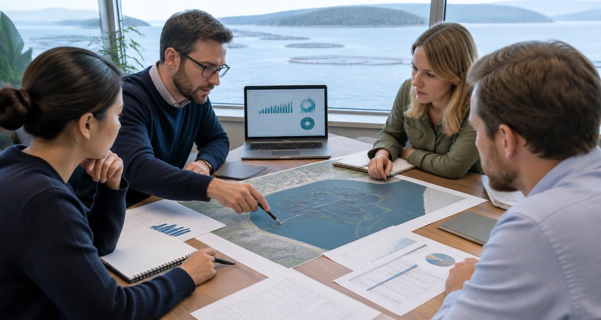 team reviewing a fish farm site plan and spreadsheets