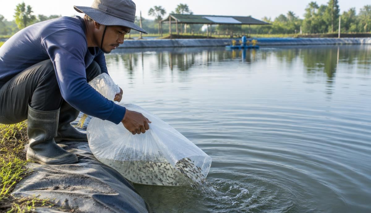 Stocking fry from transport bags into a pond