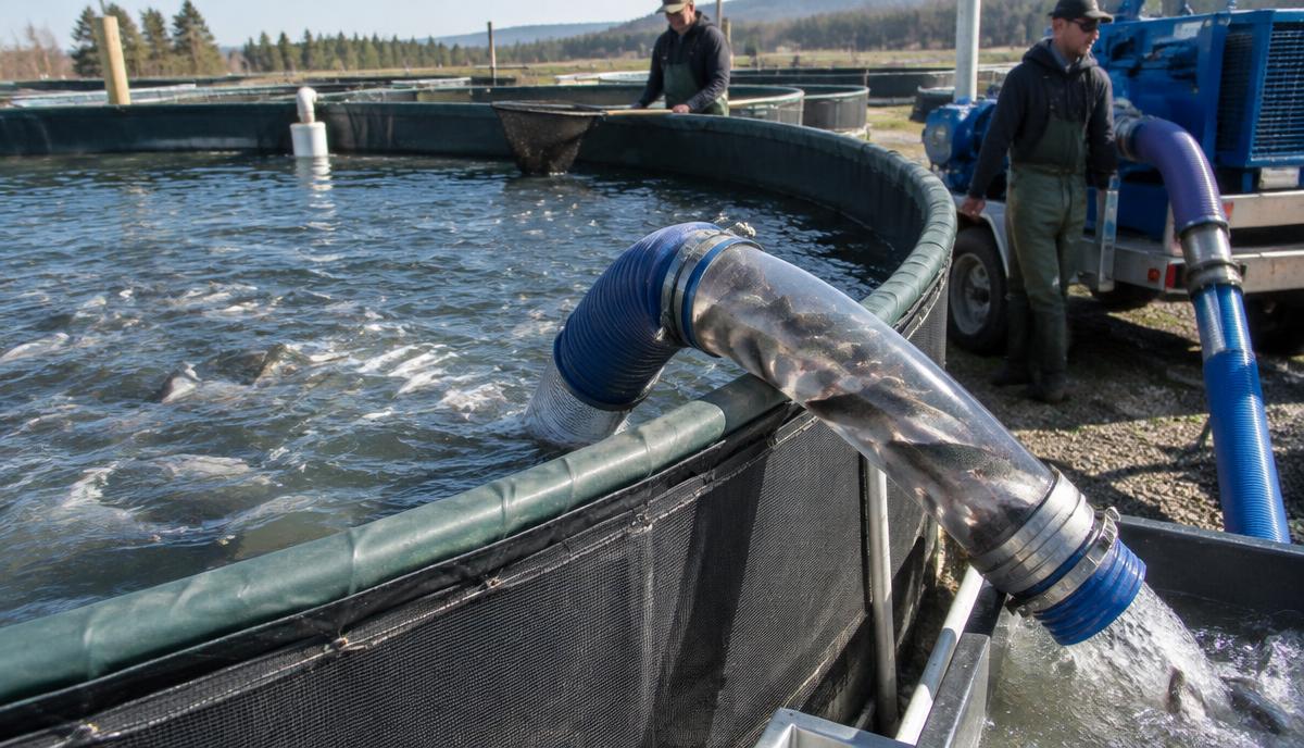 Fish pump hose transferring live fish from a tank