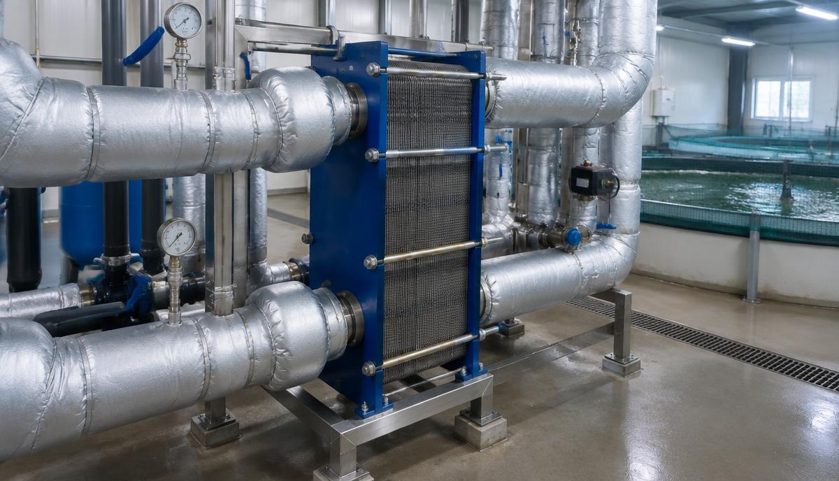 Plate heat exchanger and insulated pipes in a plant room