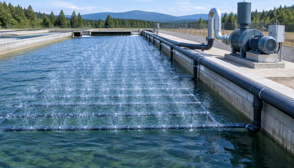 Fine-bubble aeration grid and blower at a commercial fish raceway