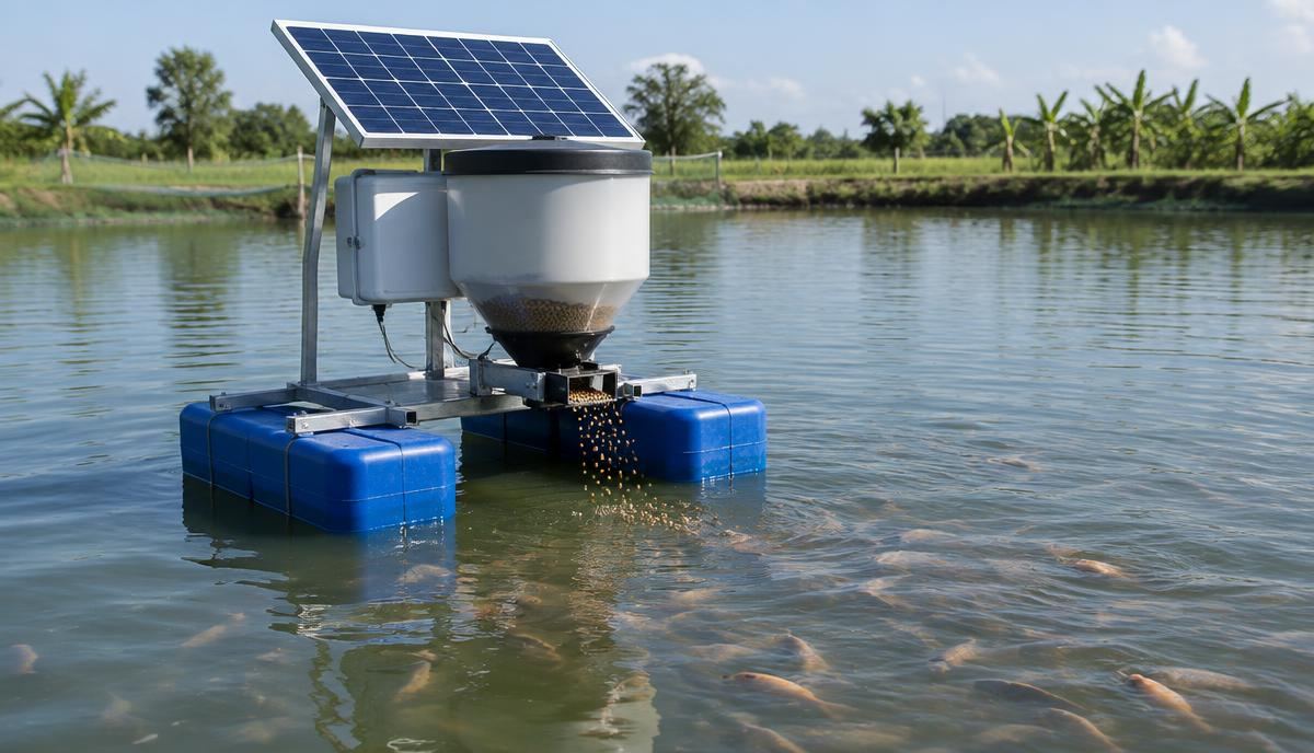 Solar-powered automatic feeder floating on a fish pond