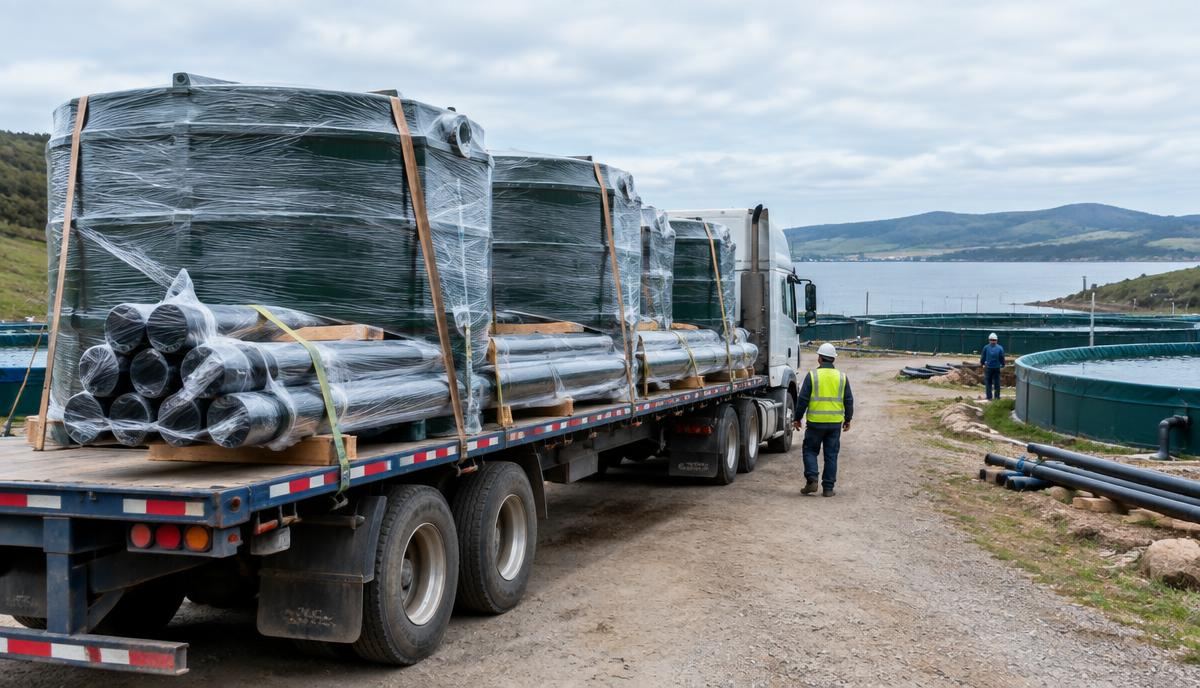 Truck delivering imported tanks and pipes to a fish farm site