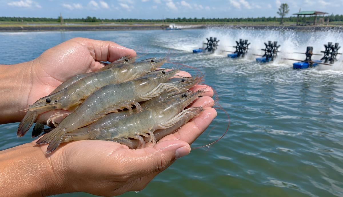 Farmed whiteleg shrimp held over a pond with aerators
