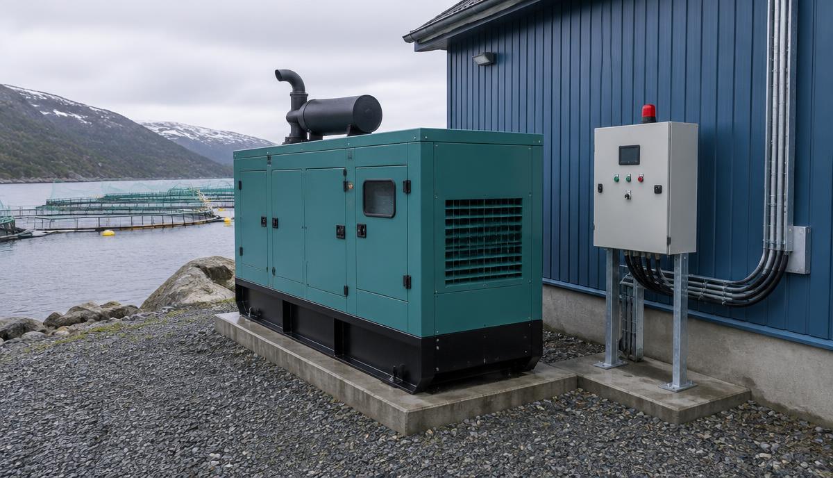 Backup generator and alarm panel at a fish farm