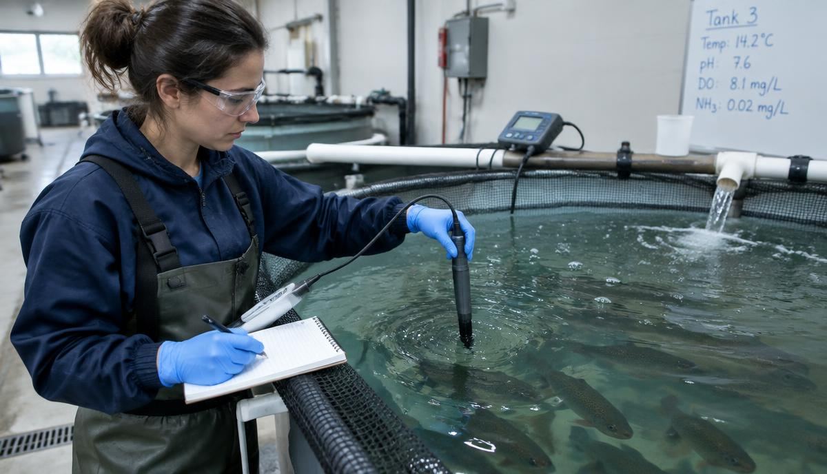 Technician measuring fish tank water with a handheld probe