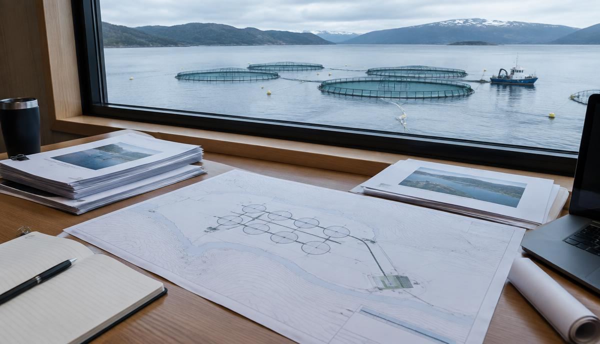 Project documents and site plan on a desk with a fish farm visible through a window