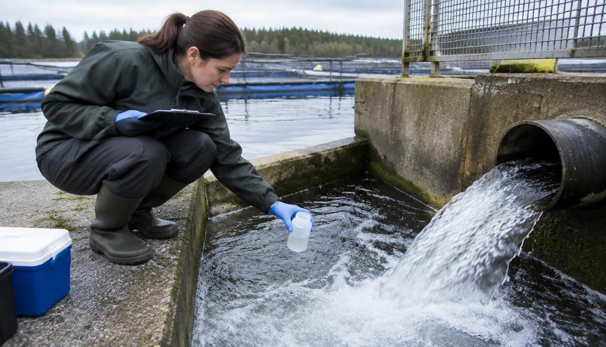 Inspector sampling discharge water at a fish farm outlet