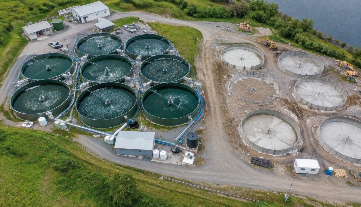 Aerial view of a fish farm with new tanks under construction